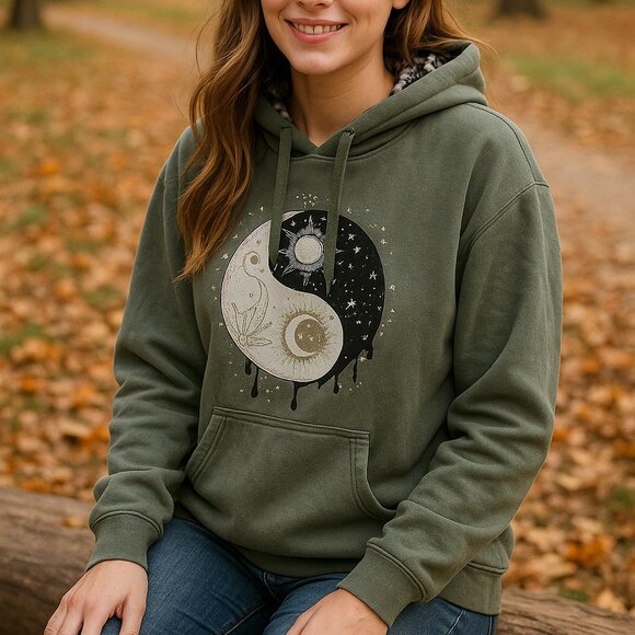 No Boundaries Yin Yang Sun & Moon Graphic Hoodie – Size L (11–13) - Picture 1 of 11